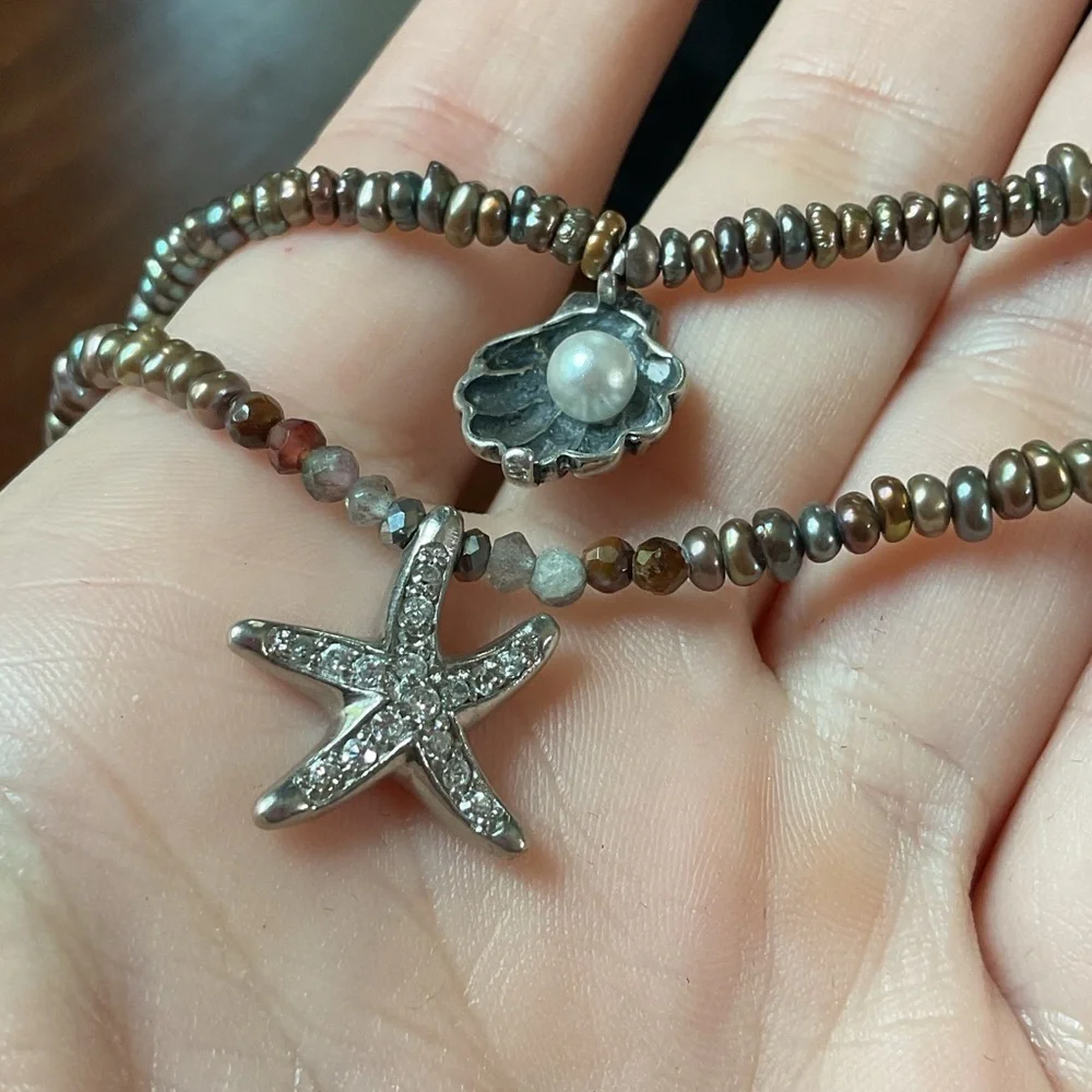 Sterling Silver Brown Keishi Pearl CZ Starfish Seashell Double Strand Necklace